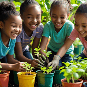 Four smiling children planting young seedlings in colorful pots outdoors.