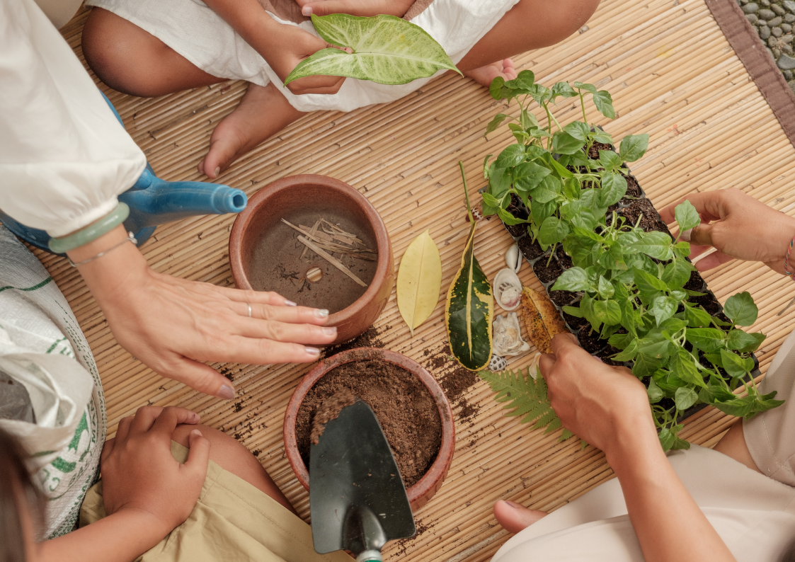 A close-up of hands carefully preparing plants and greenery to be potted in a terracotta pot.