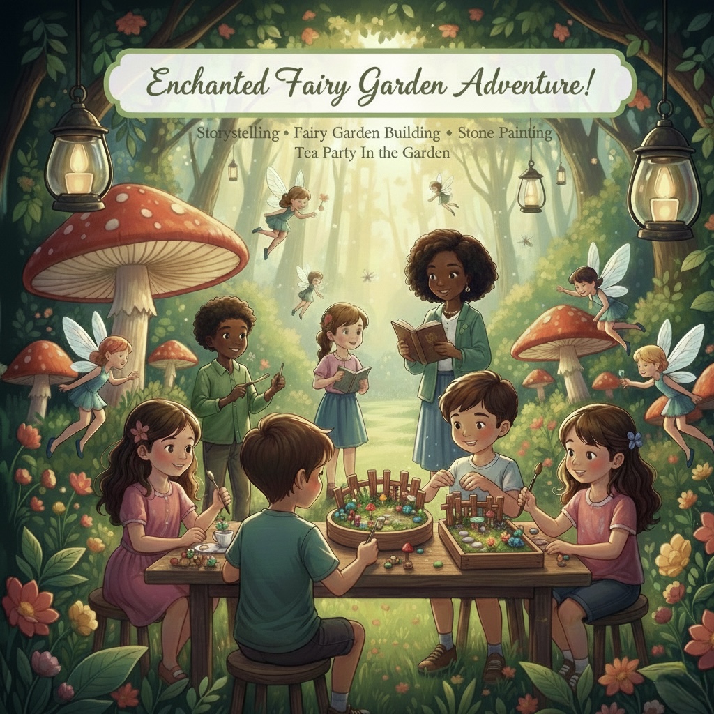 Whimsical illustration of a teacher reading to five diverse children making fairy gardens at a table outdoors, surrounded by large mushrooms and flying fairies.