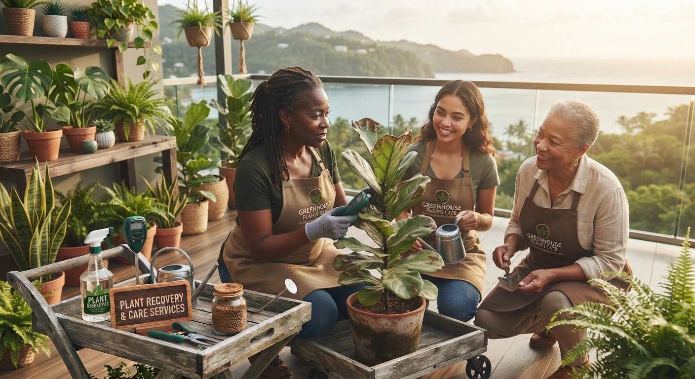 Team of professional horticulturists in branded aprons providing routine care, pruning, and watering for lush potted plants on a sunlit balcony overlooking Saint Lucia[cite: 14].