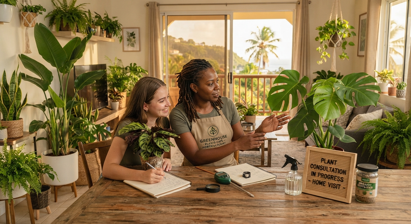 Professional horticulture expert conducting an in-home plant consultation, discussing houseplant care and placement with a client in a sunlit Saint Lucian home.