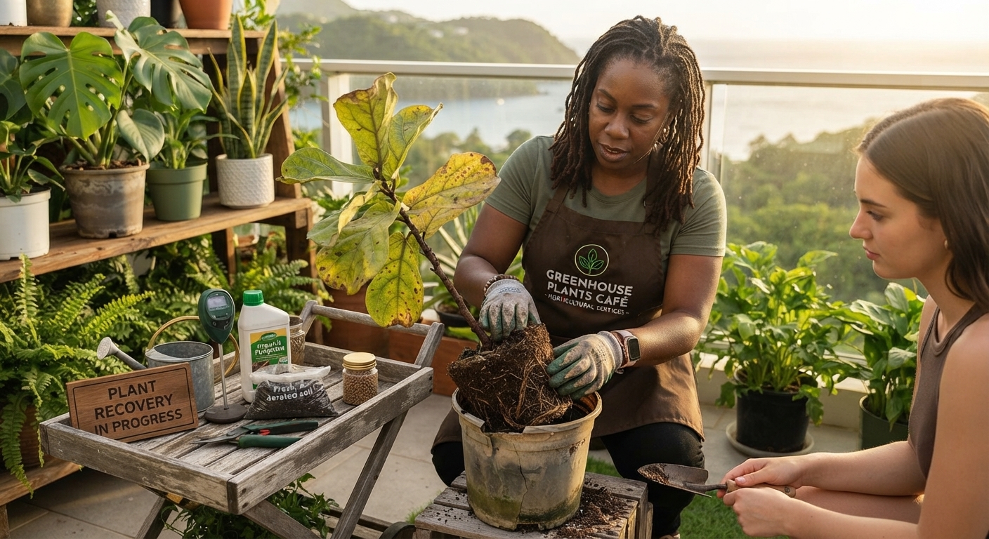 Horticultural specialist carefully inspecting and rehabilitating a distressed fiddle-leaf fig plant during a restorative recovery session in Saint Lucia.