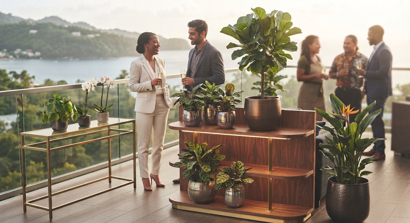 Sophisticated guests enjoying an upscale outdoor evening event decorated with luxury potted plants and tropical greenery overlooking the coast of Saint Lucia[cite: 3].