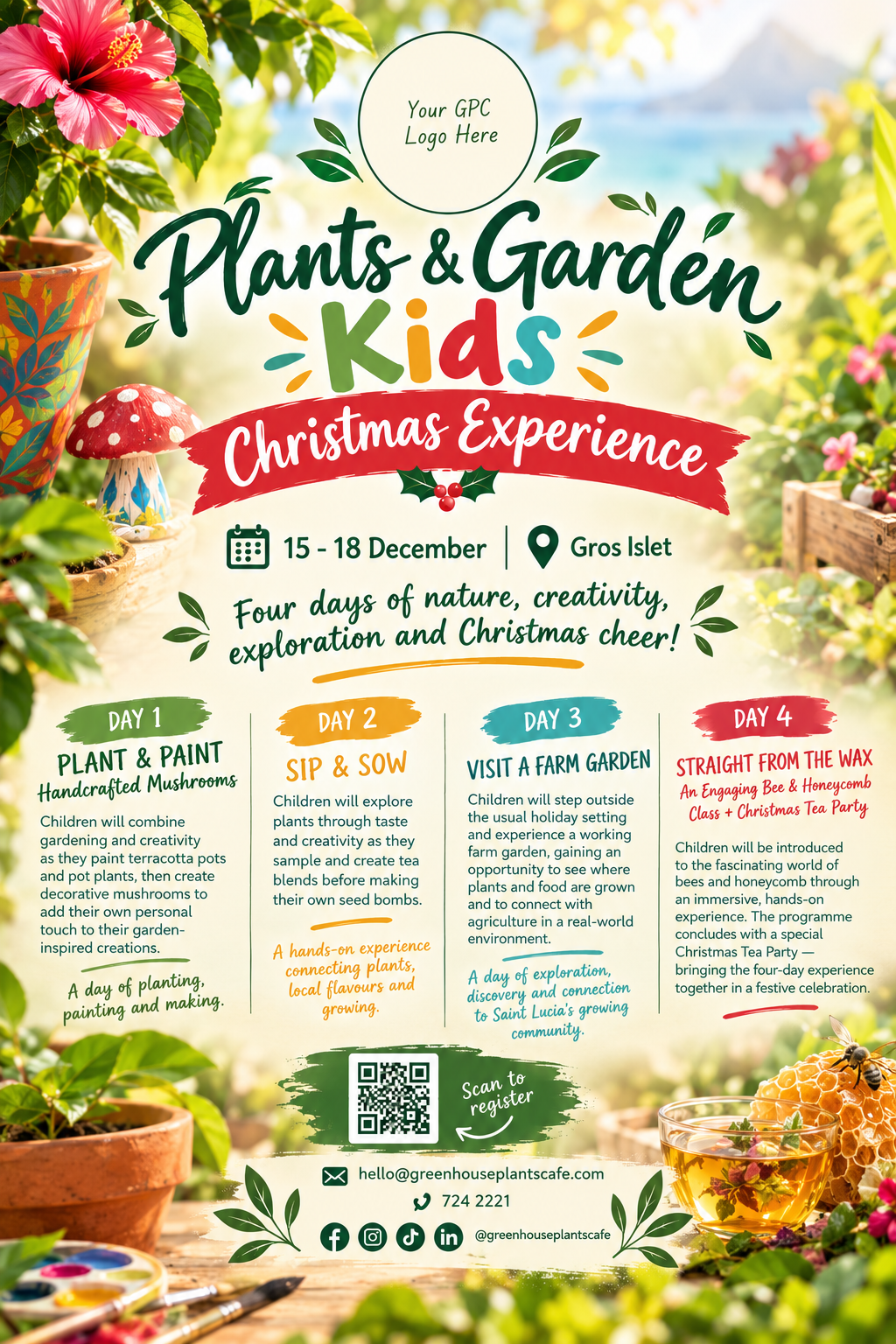 Plants and Garden Kids Christmas Experience flyer detailing a four-day holiday programme from December 15 to 18 in Gros Islet featuring planting, tea blending, farm visits, and a honey-themed Christmas tea party.